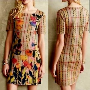 Anthropologie Plaid Floral Felted Wool Sweater Dress, Size Small